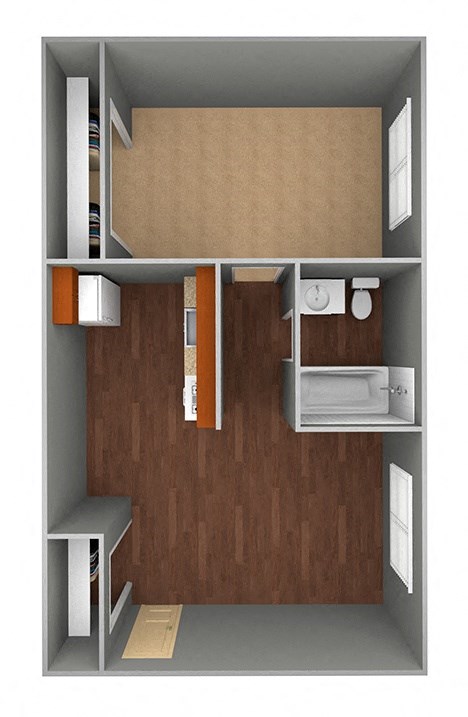 Floor plan for 1 bed, 1 bath, 500 sqft